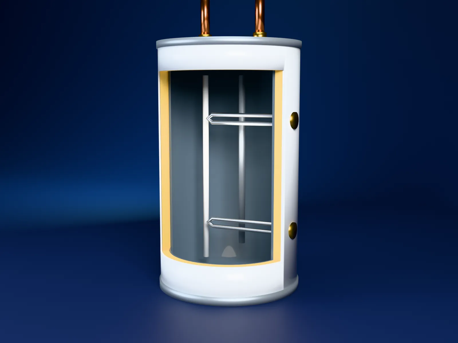 Illustration: cutaway of a water heater on softened water, with a clean tank and heating elements