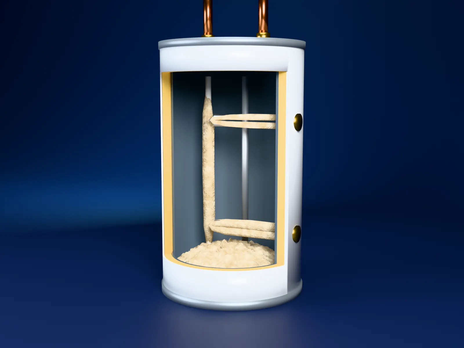 Illustration: the same water heater after years of hard water, with sediment piled in the tank and crusted heating elements